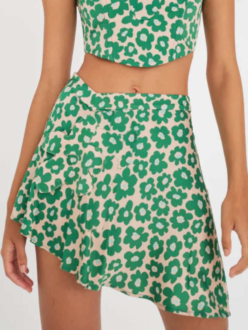 For Love & Lemons Mason Green & Beige Floral Satin Mini Skirt S